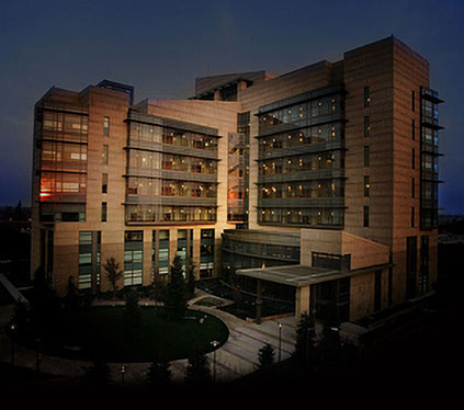 Photo of the Robert E. Coyle U.S. Courthouse at night in Fresno, California.